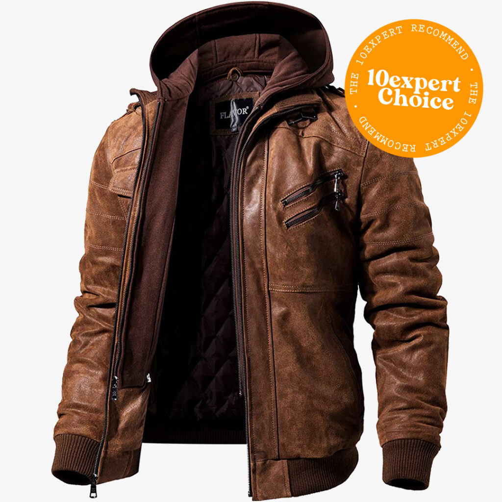 FLAVOR Men's Brown Leather Bomber Jacket with Removable Hood