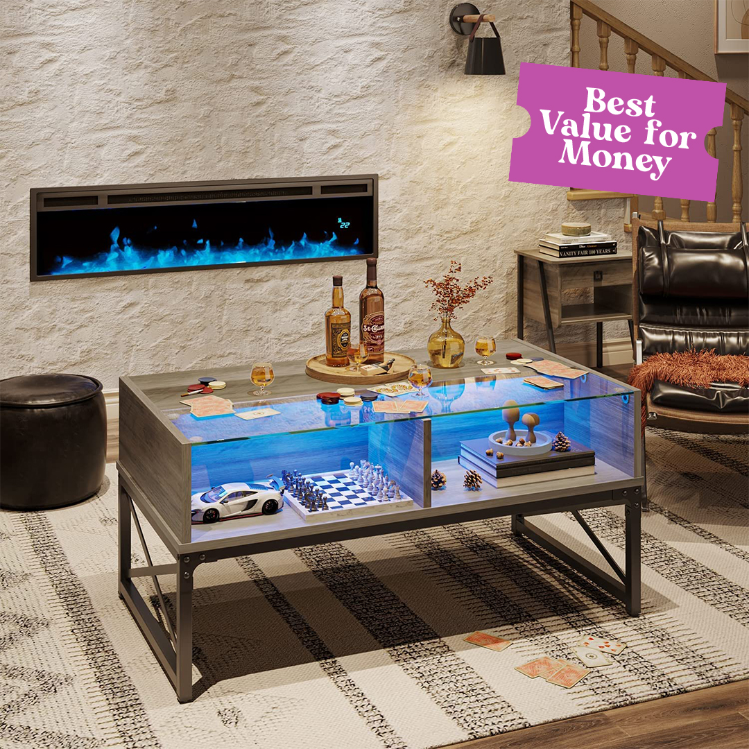 Bestier LED Board Game Coffee Table for Living Room, Wood Center Table with Glass