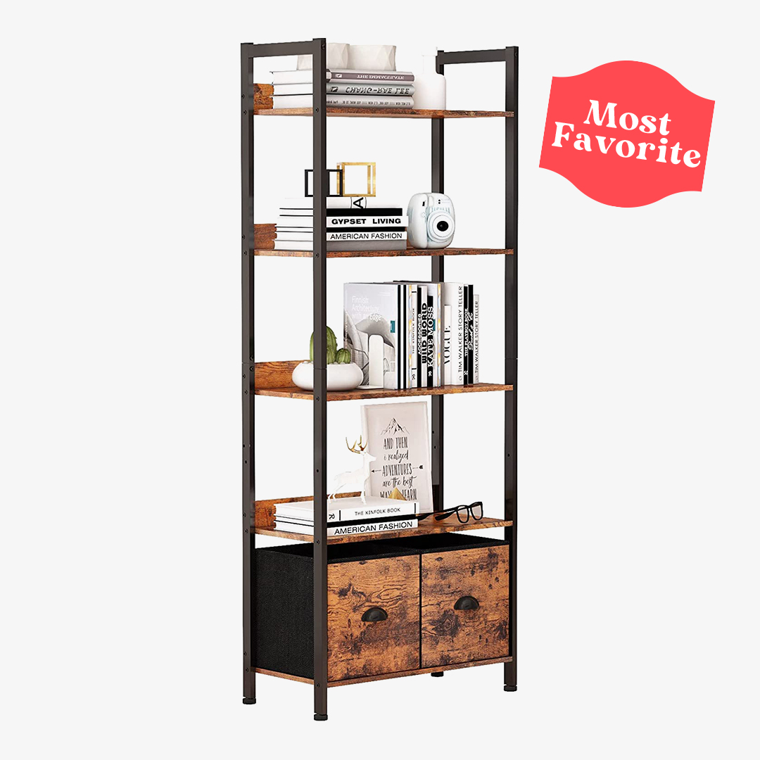 Furologee 5 Tier Bookshelf Tall Bookcase with 2 Storage Drawers most favorite