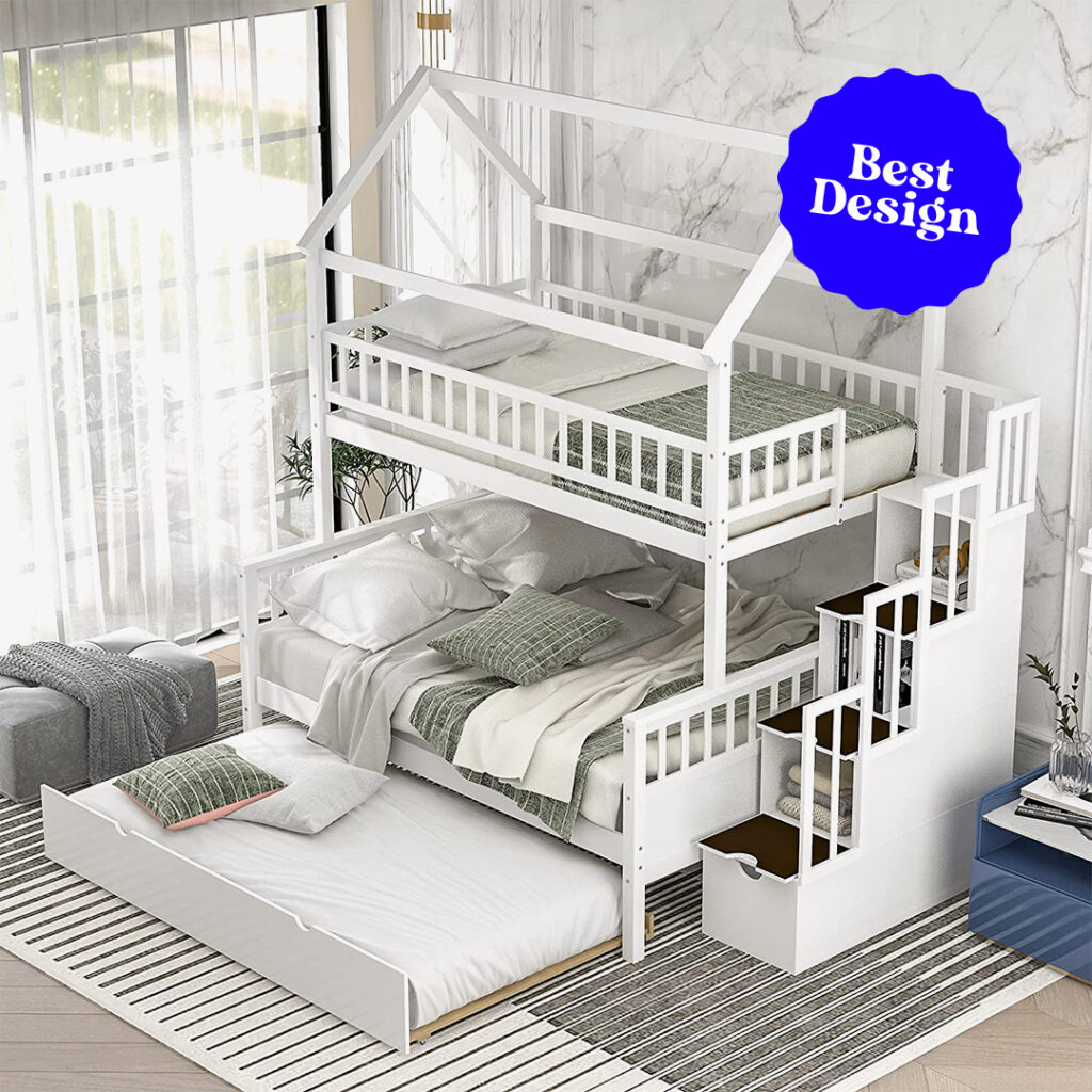 Merax Twin-Over-Full House Bunk Bed with Trundle and Storage Staircases