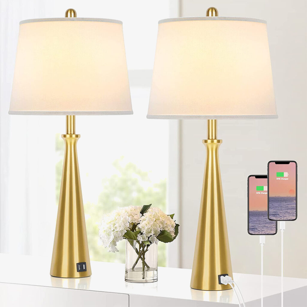Bosceos Set of 2 Brass Desk Lamp with 2 USB Charging Ports