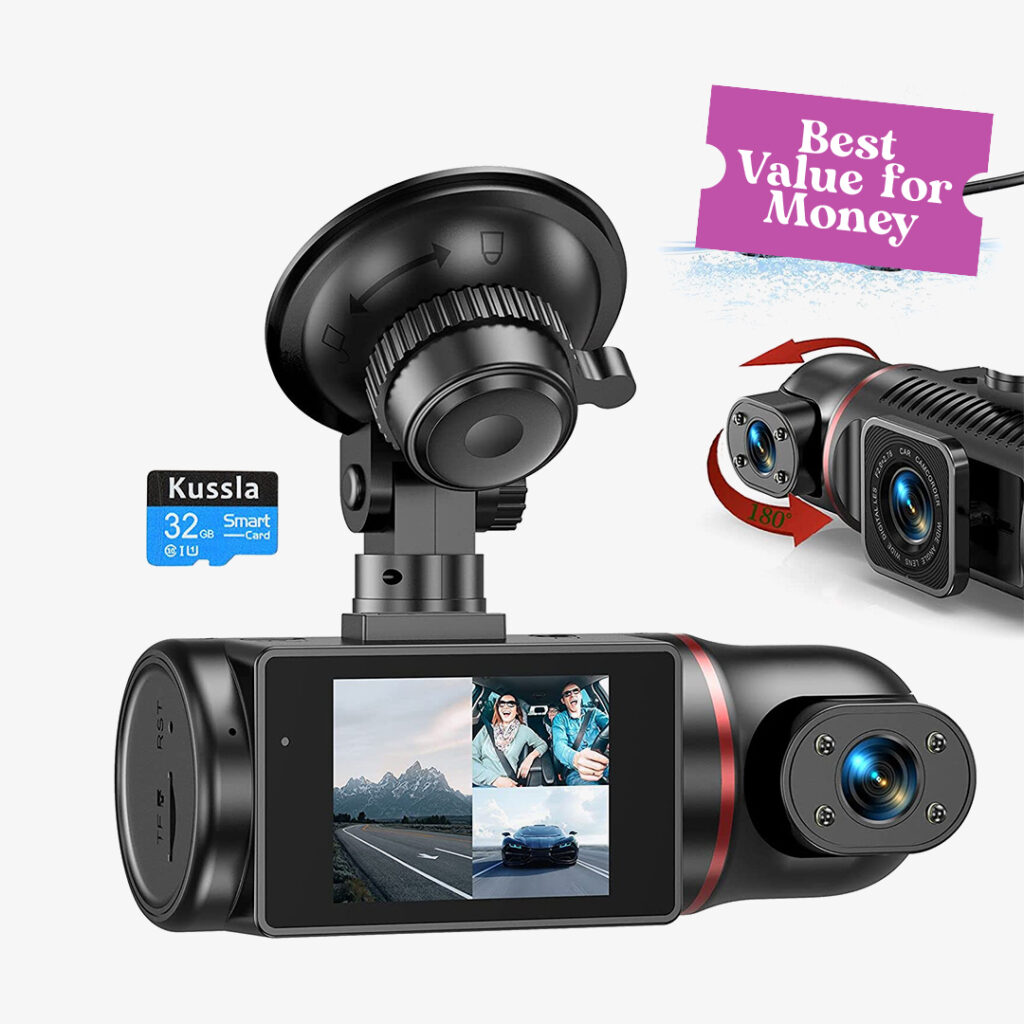 Best Value for Money 3 Channel Dash Cam Front and Rear Inside Kussla FHD 1080P
