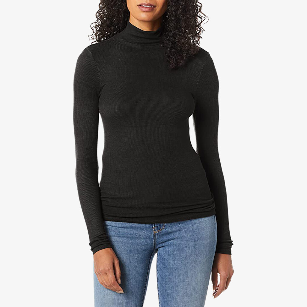 Enza Costa Women's Rib Fitted Long Sleeve Black Turtleneck Top