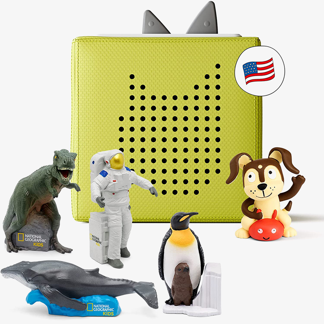 Toniebox Audio Player Starter Set with National Geographic Astronaut, Dinosaur, Whale, Penguin, and Playtime Puppy