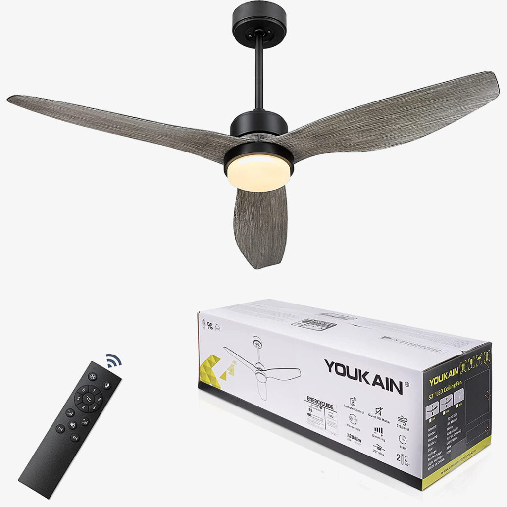 Youkain Modern Wood Ceiling Fan, 52 Inch Farmhouse Ceiling Fan with LED Light Kit and 3-Reversible Blades