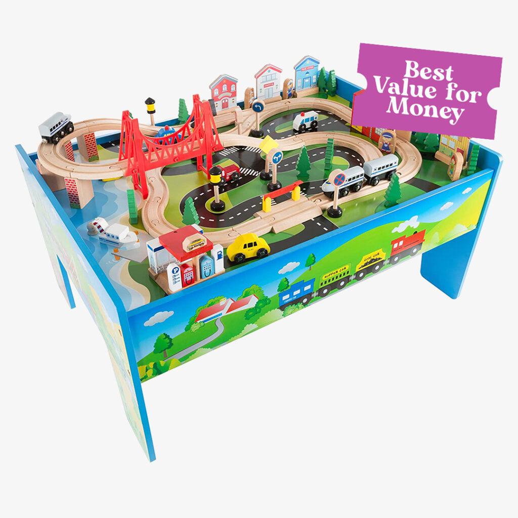 Hey! Play! Wooden Train Set Table for Kids