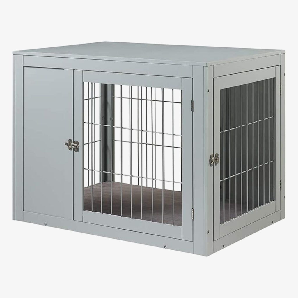 unipaws Furniture Style Dog Crate End Table with Cushion Wooden Wire Pet Kennels with Double Doors Medium Dog House Indoor Use