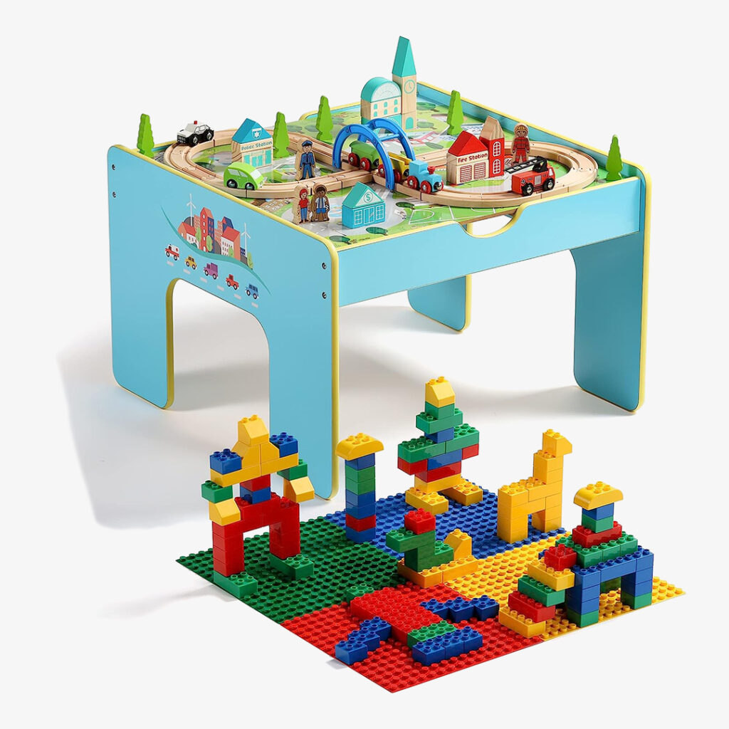 3-in-1 Kids Train Table Playset with Large Building Blocks  